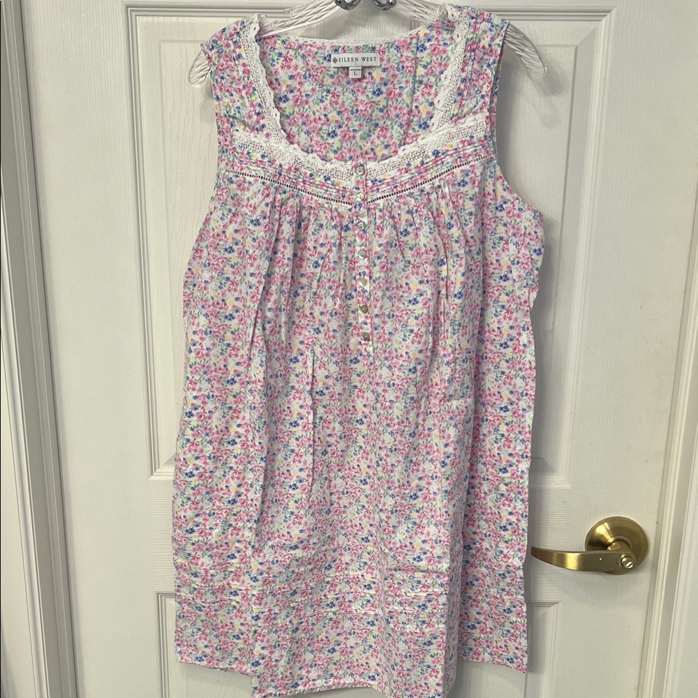 NWOT Eileen West 100% Cotton Lawn Floral Sleeveless Nightgown - Large